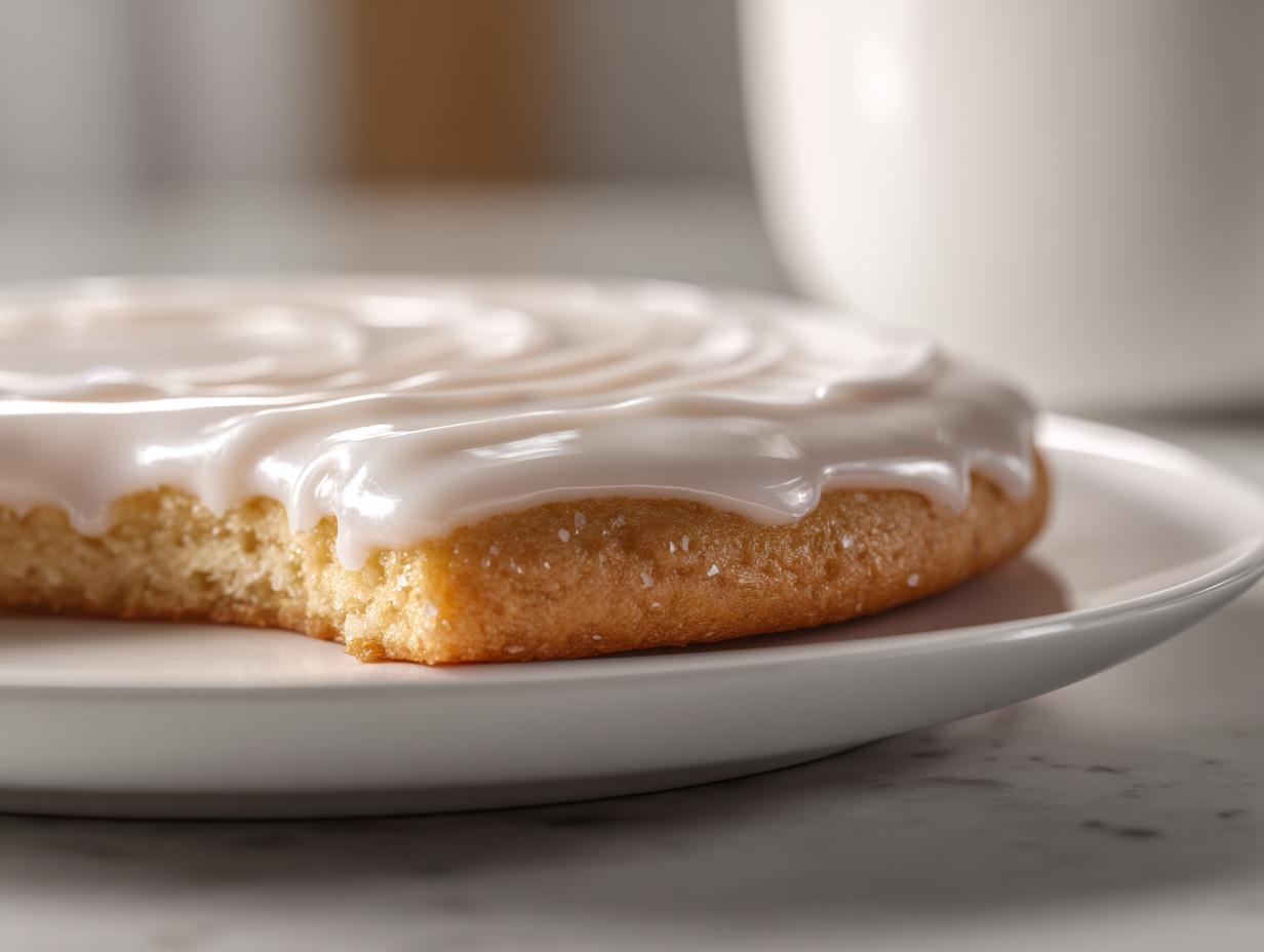 A close-up of a soft sugar cookie topped with thick, glossy white sugar cookie icing recipe glaze.
