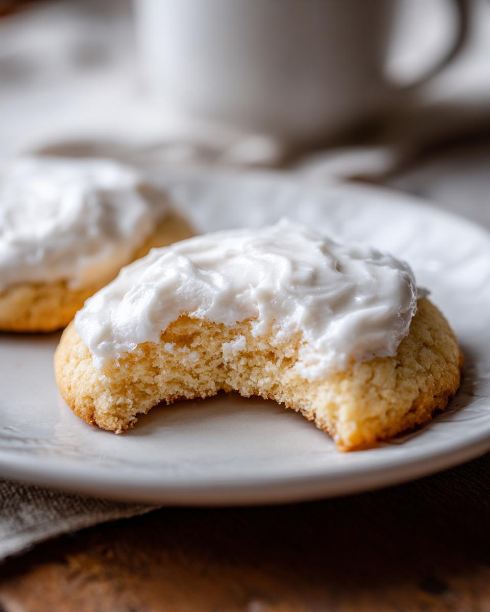 Close-up of a soft sugar cookie with thick white frosting, showing a bite taken out, illustrating the sugar cookie icing recipe.