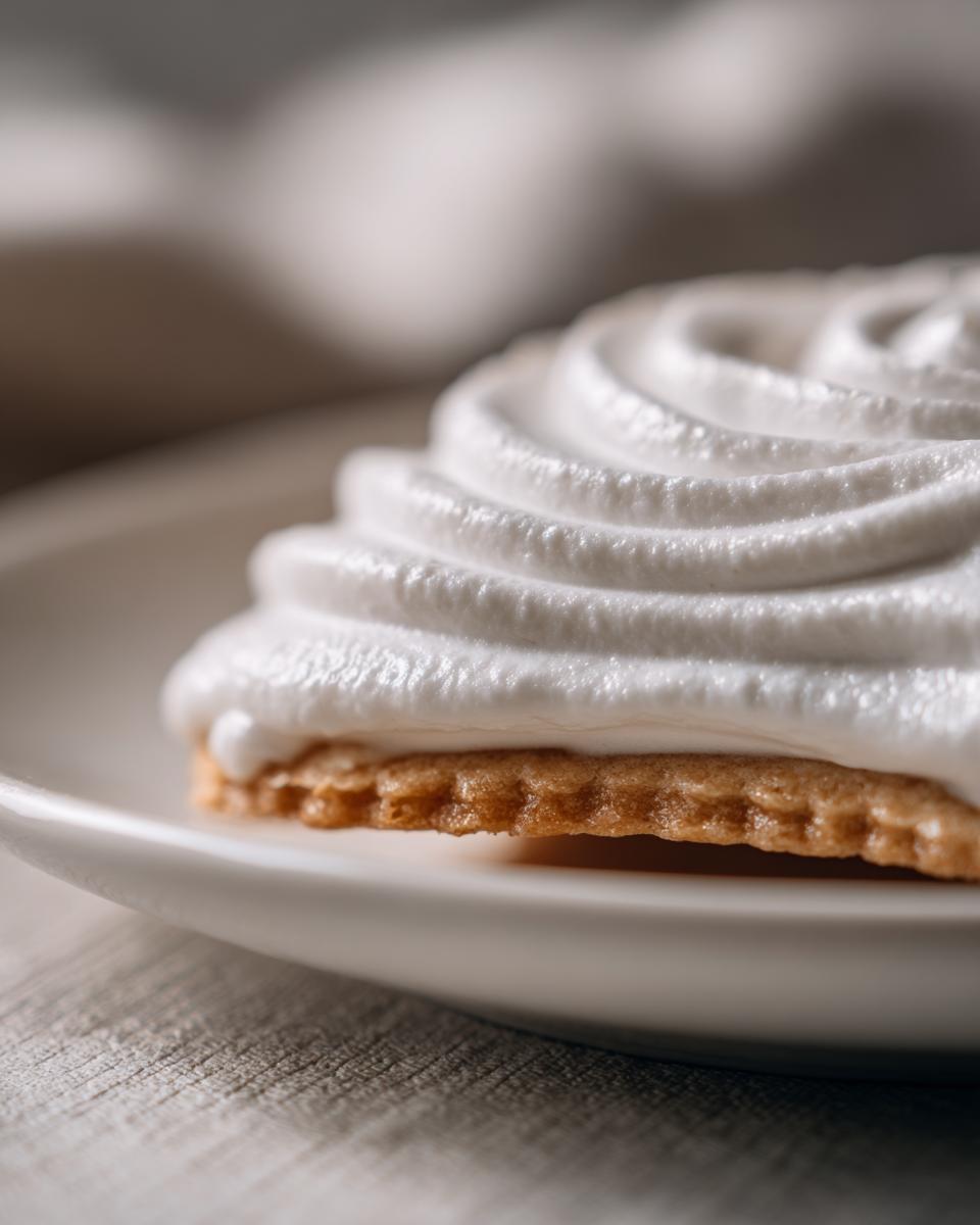 Close-up of a sugar cookie topped with thick, perfectly piped white sugar cookie icing in a swirl pattern.