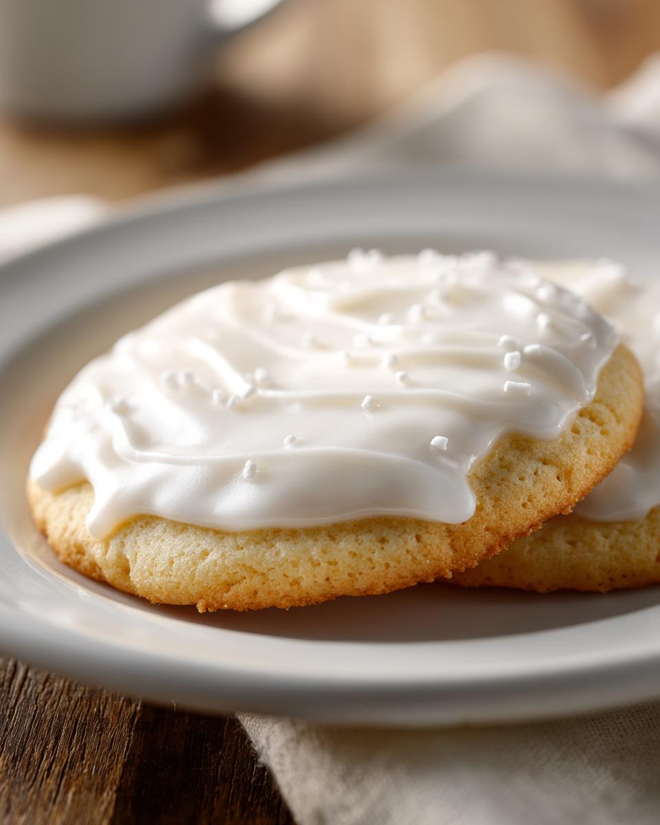Close-up of a soft sugar cookie topped with thick, glossy white sugar cookie icing and white sprinkles.