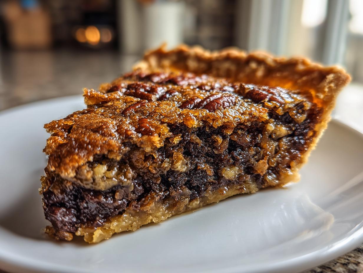 Close-up of a thick, gooey slice of texas trash pie showing the pecan topping and dark filling on a white plate.