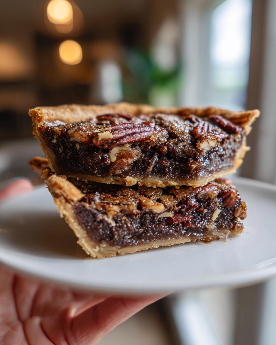 Close-up of two stacked slices of rich, dark Texas Trash Pie topped with pecans on a white plate.
