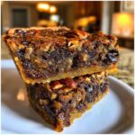 Two stacked slices of rich, gooey texas trash pie showing pecans and chocolate chips in the filling.