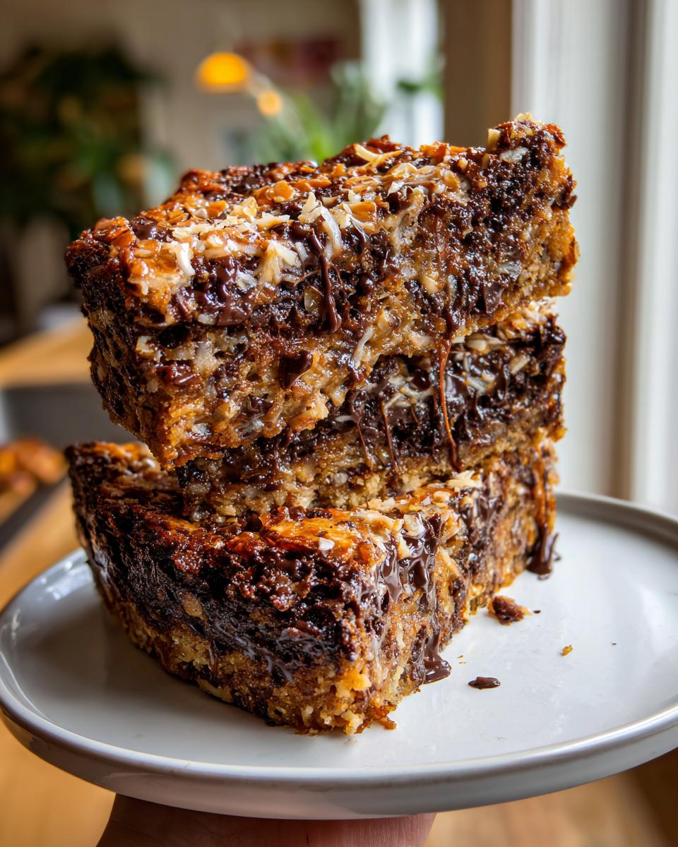 Two rich, gooey slices of texas trash pie stacked on a white plate, featuring chocolate and coconut.