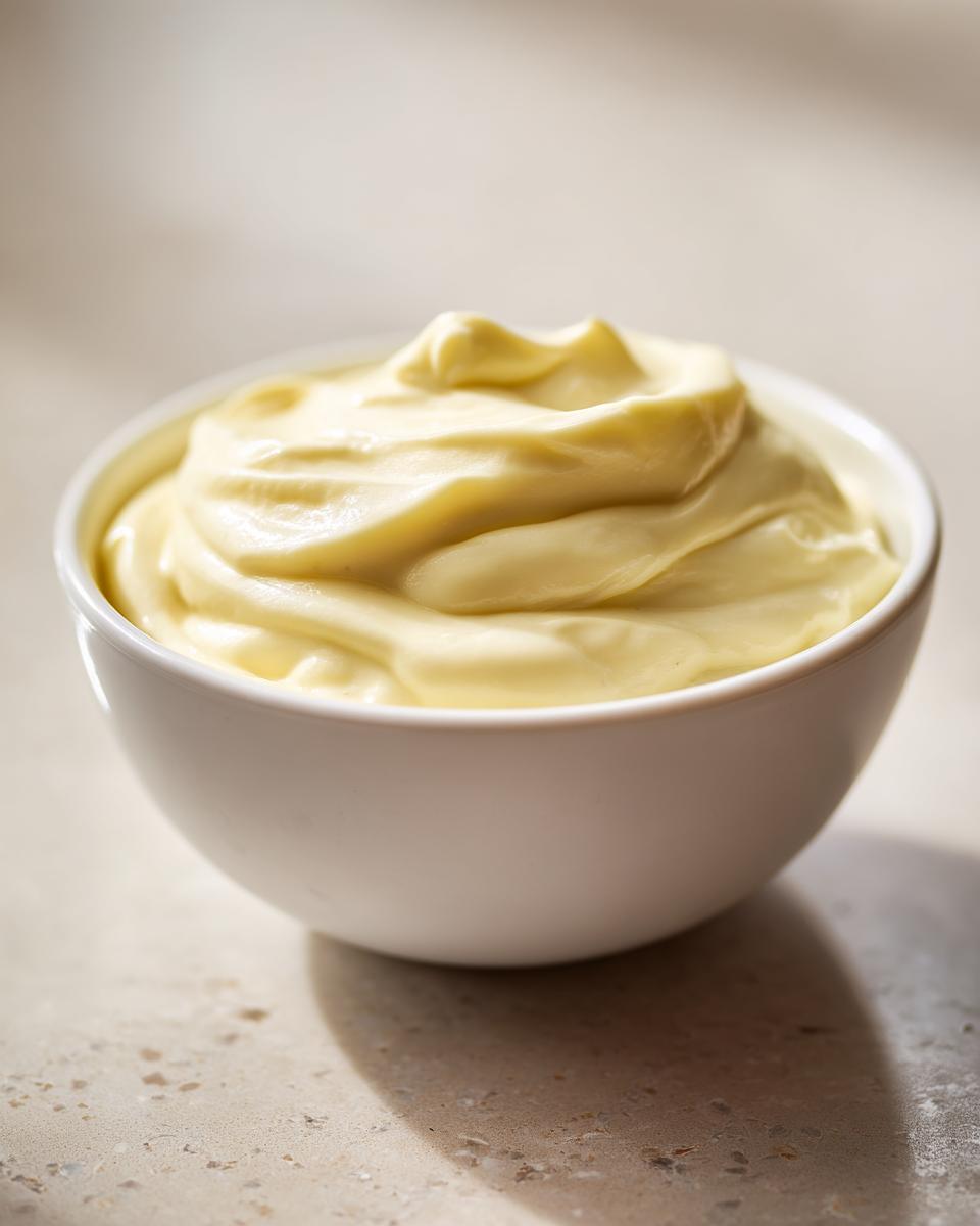 A close-up of thick, creamy homemade mayonnaise swirled beautifully in a small white bowl.
