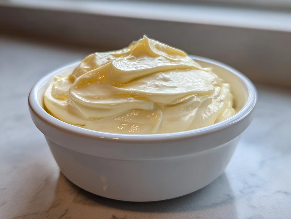 A close-up of thick, pale yellow homemade mayonnaise perfectly swirled in a small white bowl.