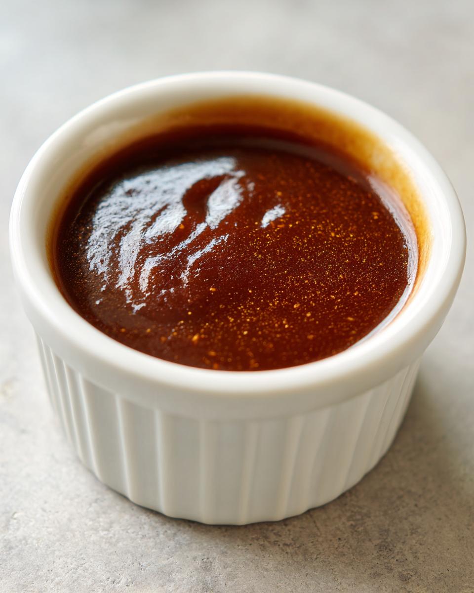Close-up of thick, glossy homemade teriyaki sauce in a small white fluted ramekin.