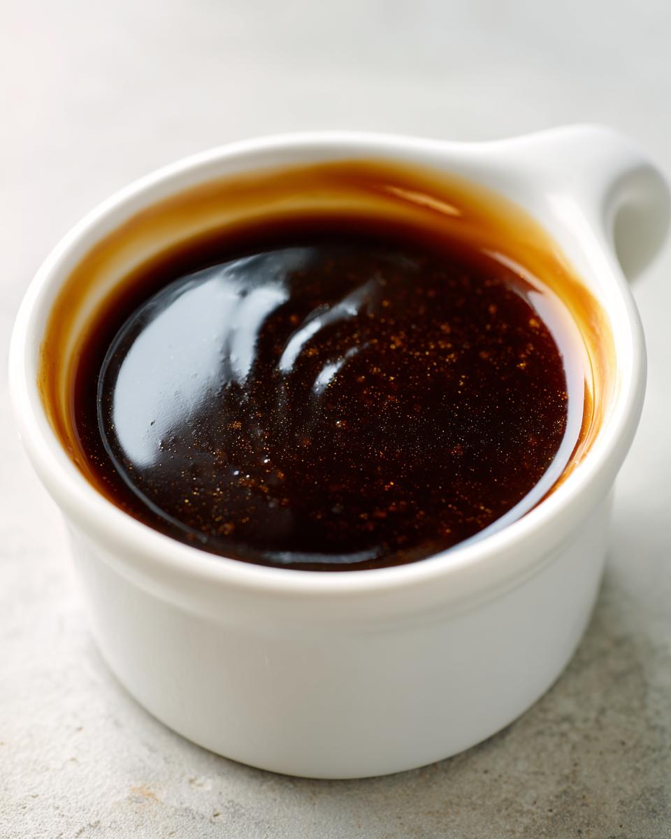 Close-up of thick, glossy homemade teriyaki sauce in a small white dipping bowl.