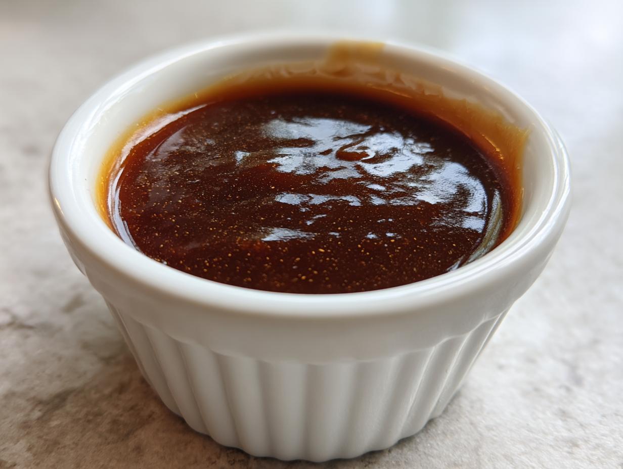 Close-up of thick, glossy homemade teriyaki sauce in a small white fluted dipping bowl.