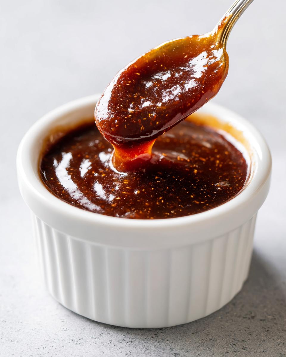 Close-up of thick, glossy homemade teriyaki sauce being lifted from a white ramekin with a spoon.