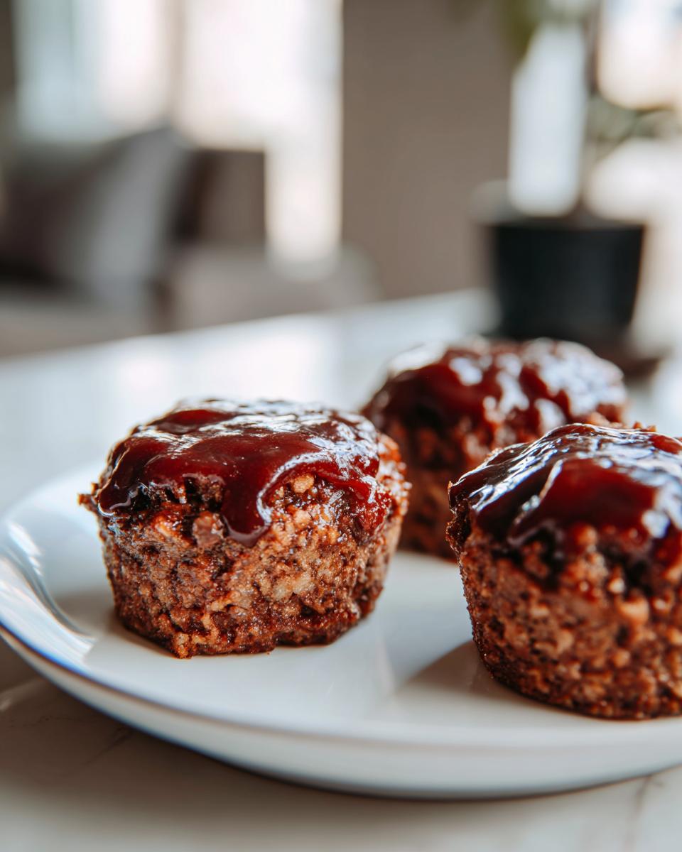 Three perfectly portioned mini meatloaf items topped with a thick, glossy barbecue glaze, resting on a white plate.