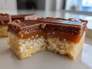A close-up cross-section of a twix cookies bar showing a shortbread base, thick caramel layer, and chocolate topping.