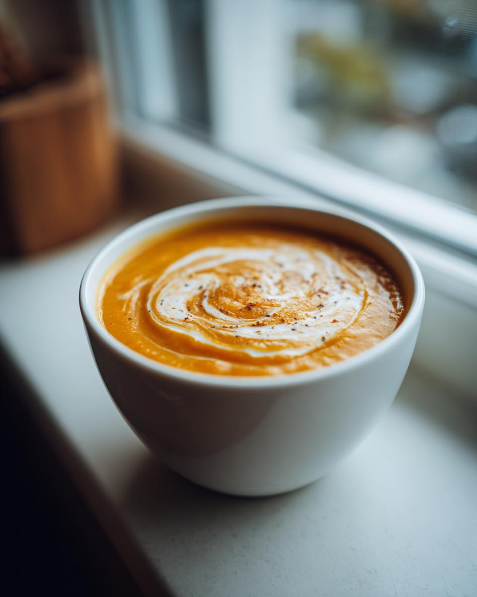 Close-up of velvety butternut squash soup in a white bowl, garnished with a cream swirl and pepper.