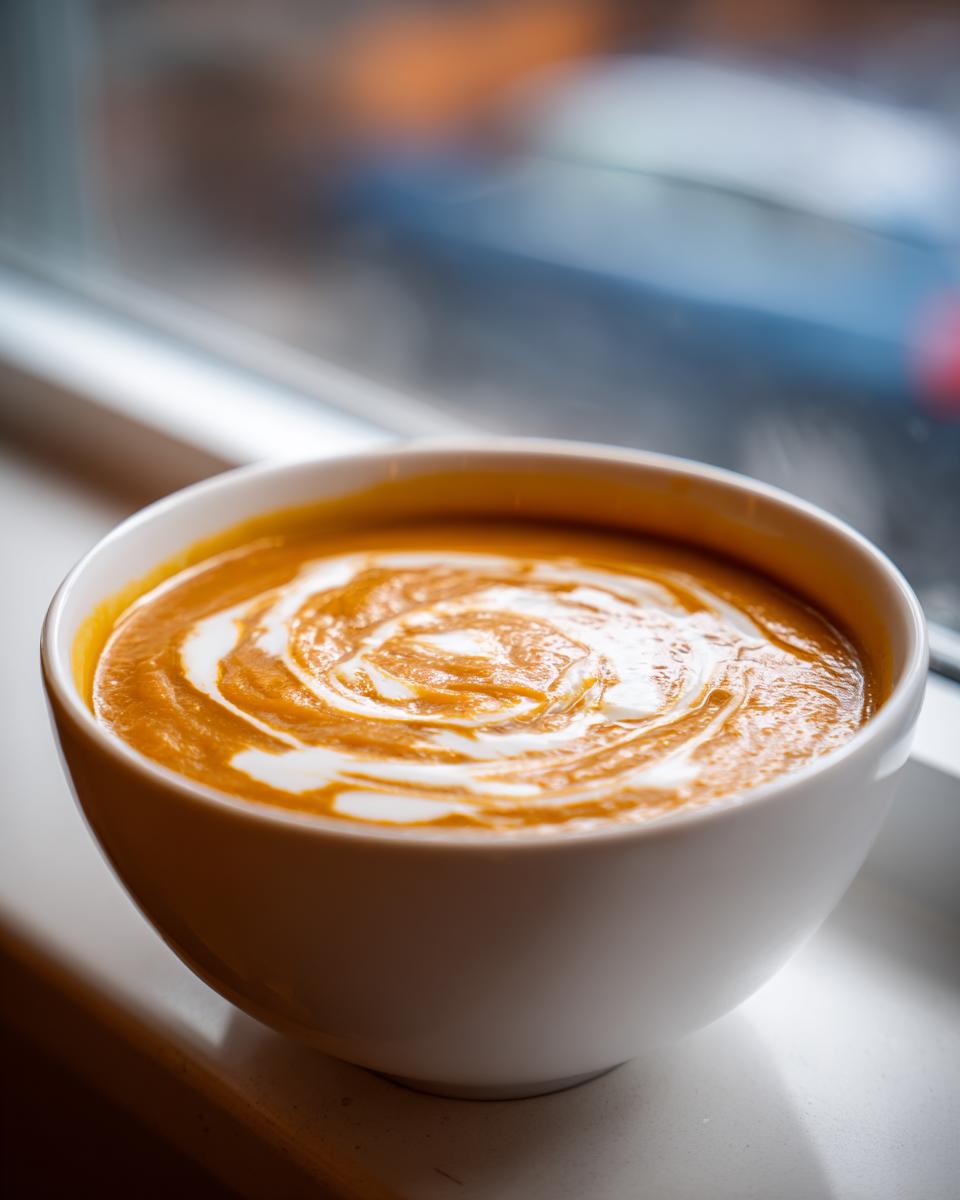 A close-up of velvety butternut squash soup topped with a white cream swirl in a white bowl.