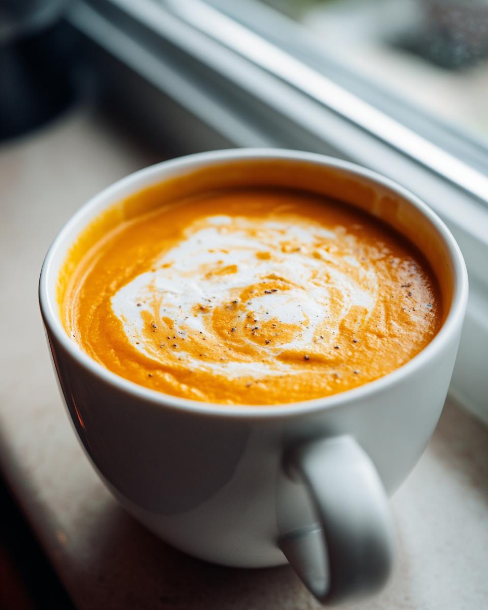 Close-up of rich orange butternut squash soup topped with a swirl of cream and black pepper.
