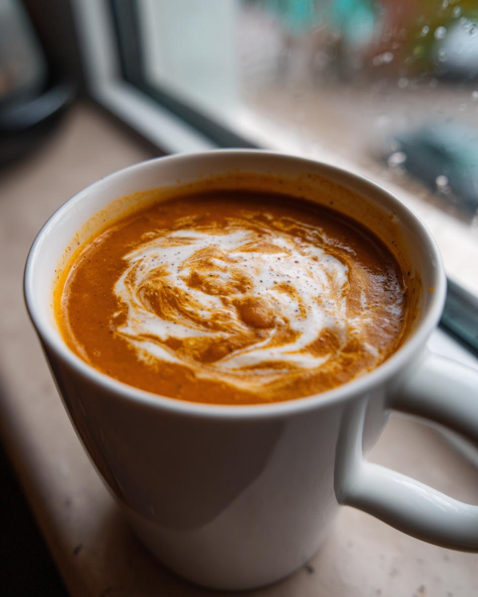 Close-up of creamy orange butternut squash soup swirled with cream, served in a white mug by a window.