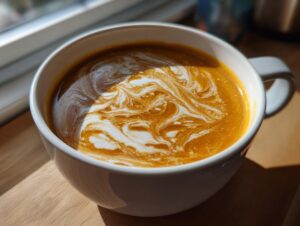 Close-up of rich orange butternut squash soup in a white mug, topped with a beautiful swirl of cream.