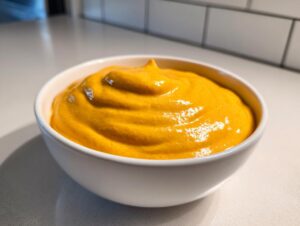 Close-up of a bright orange, thick nacho cheese sauce swirled in a small white bowl.