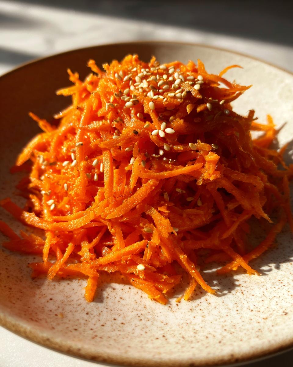 Close-up of a mound of bright orange raw carrot salad, shredded and topped with white sesame seeds.