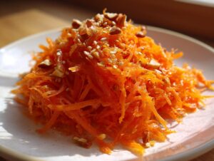 Close-up of a mound of bright orange raw carrot salad, garnished with chopped nuts and sesame seeds.