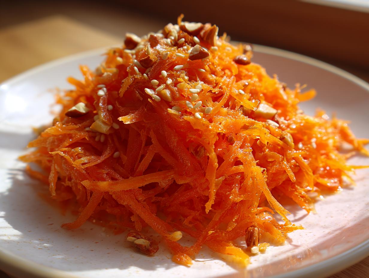 Close-up of a mound of bright orange raw carrot salad, garnished with chopped nuts and sesame seeds.