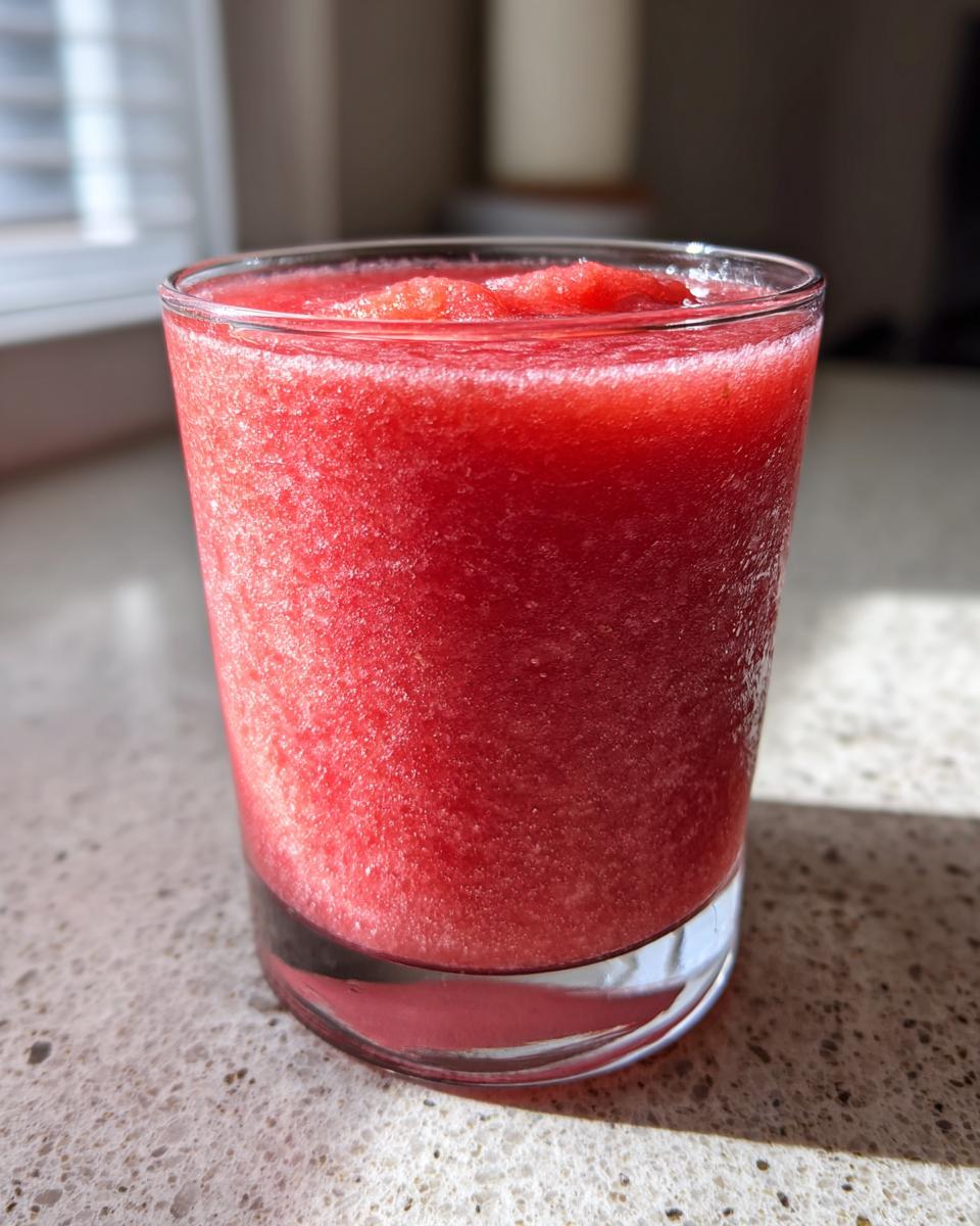 Close-up of a vibrant, icy watermelon smoothie served in a clear glass on a light countertop.