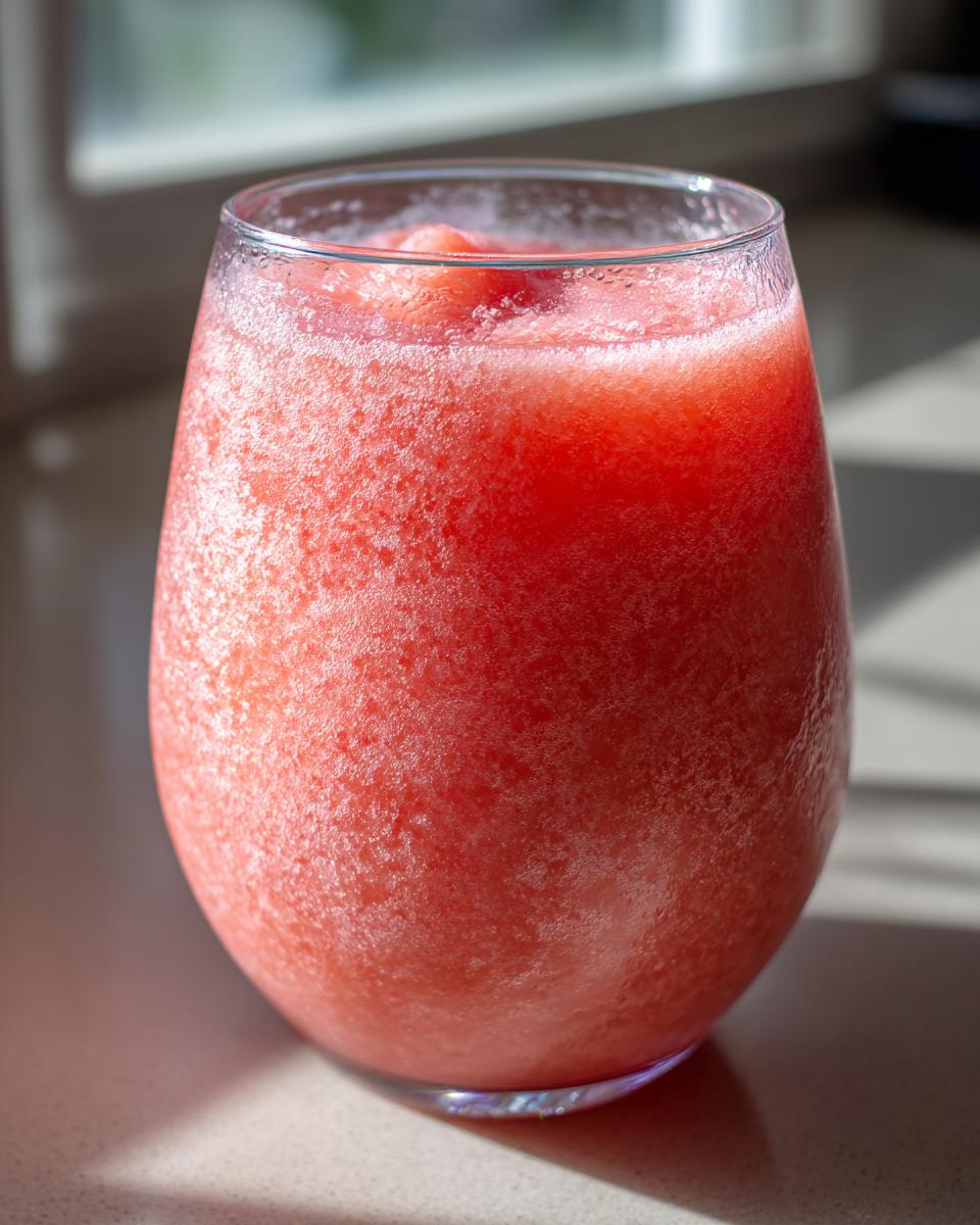 Close-up of a vibrant, icy watermelon smoothie served in a clear glass, catching bright sunlight.