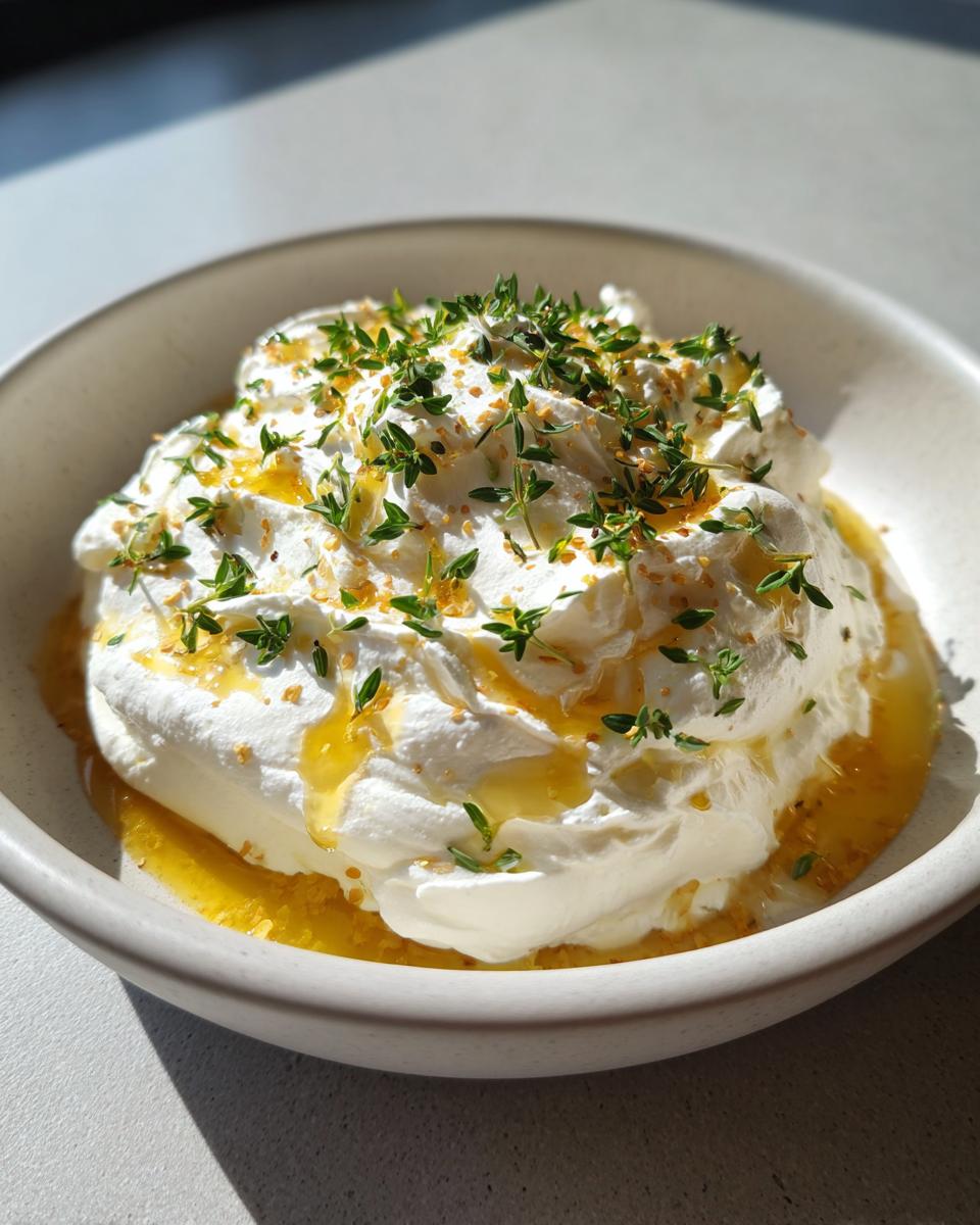 A bowl of fluffy whipped goat cheese drizzled with honey and topped with fresh thyme leaves.