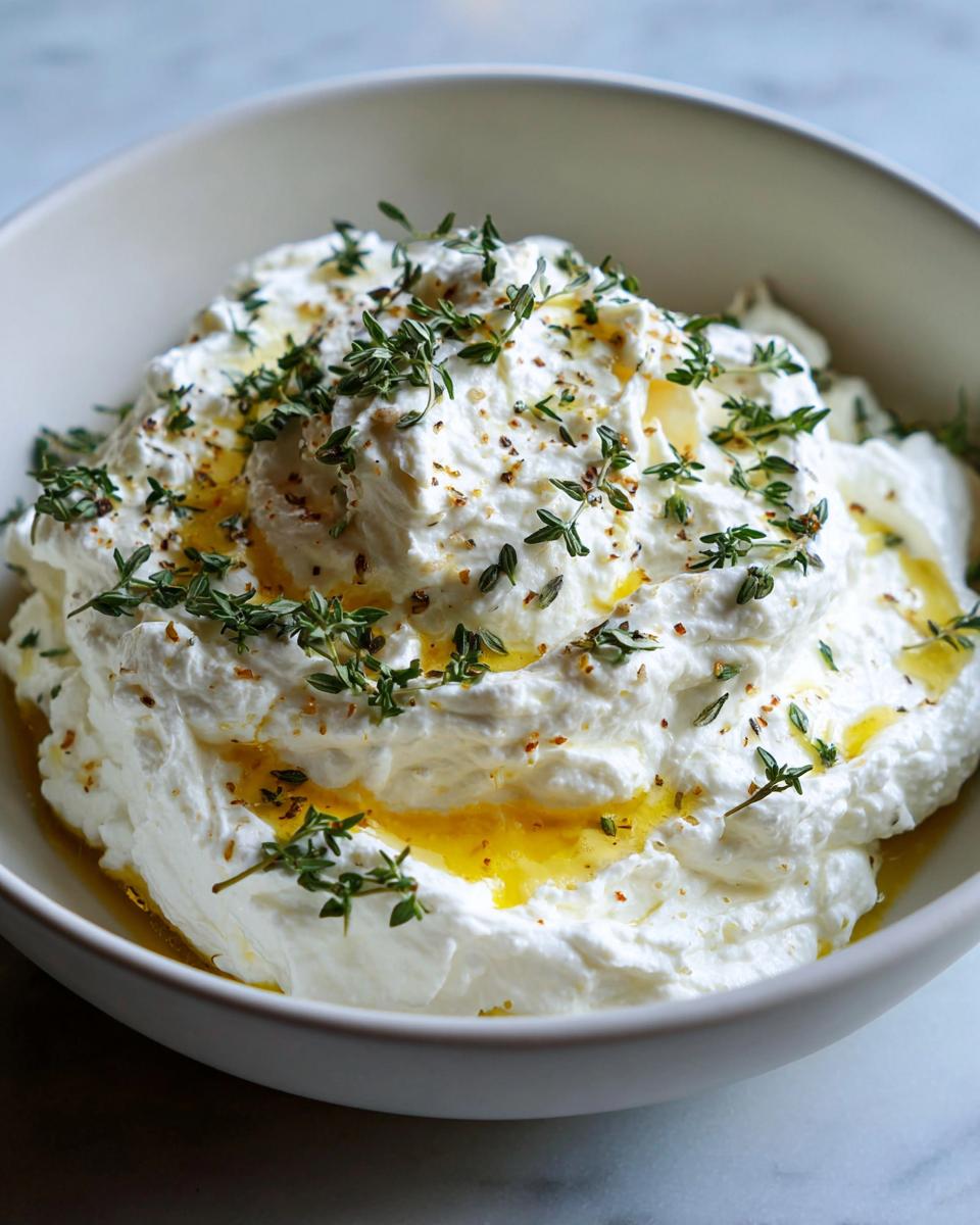 A bowl of creamy, fluffy whipped goat cheese topped with fresh thyme sprigs and a drizzle of golden olive oil.