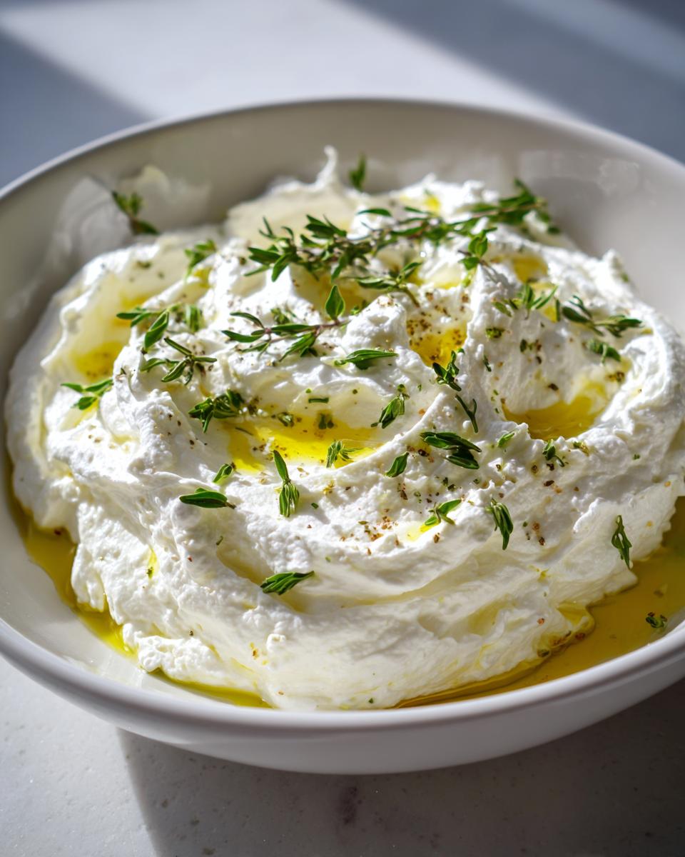A bowl of creamy, fluffy whipped goat cheese topped with fresh thyme sprigs and drizzled olive oil.