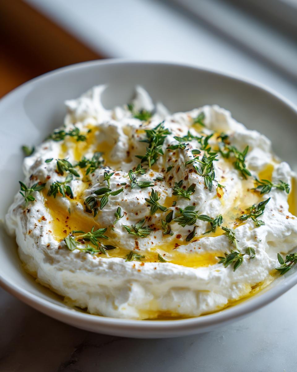 A close-up of creamy whipped goat cheese topped with olive oil, fresh thyme, and spices.