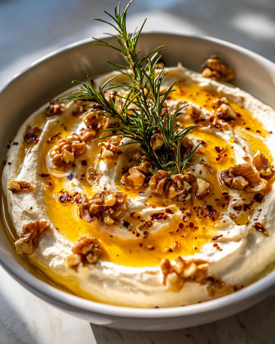 Close-up of a bowl of creamy whipped ricotta dip drizzled with honey, topped with walnuts and rosemary.