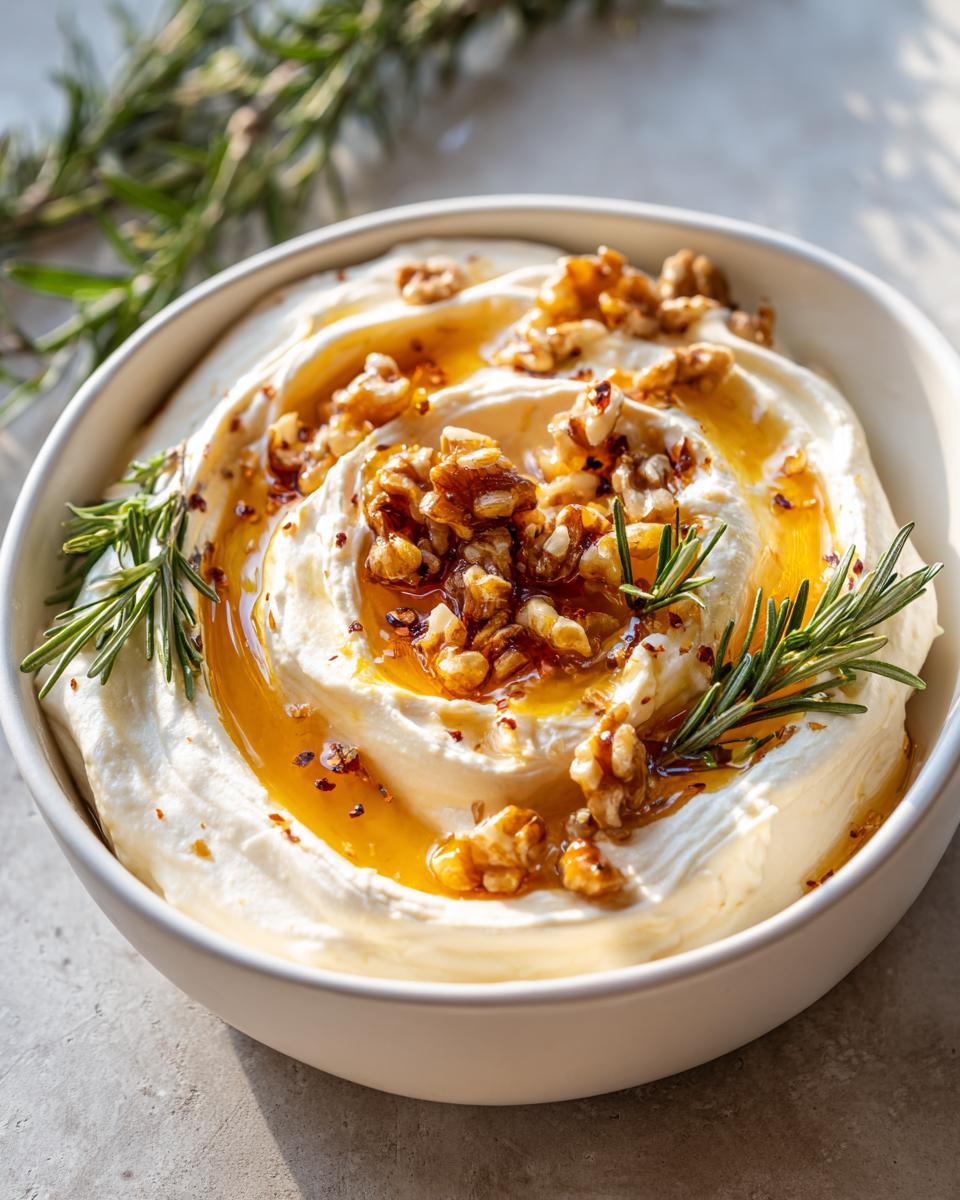 Close-up of a creamy whipped ricotta dip topped with honey, walnuts, and fresh rosemary sprigs.