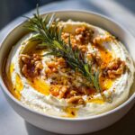 Close-up of a creamy whipped ricotta dip topped with walnuts, olive oil, and a sprig of fresh rosemary.