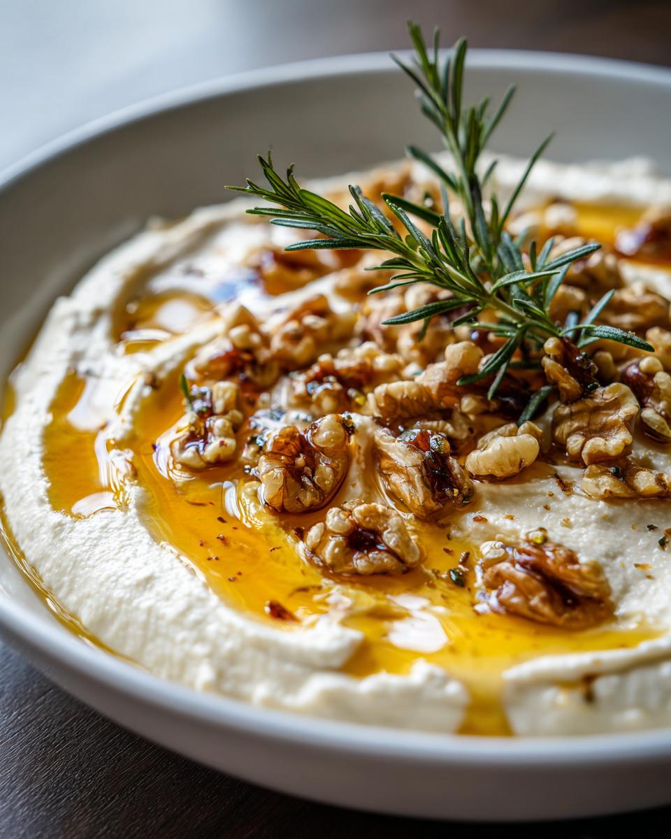 Close-up of creamy whipped ricotta dip garnished with walnuts, honey drizzle, and a sprig of fresh rosemary.