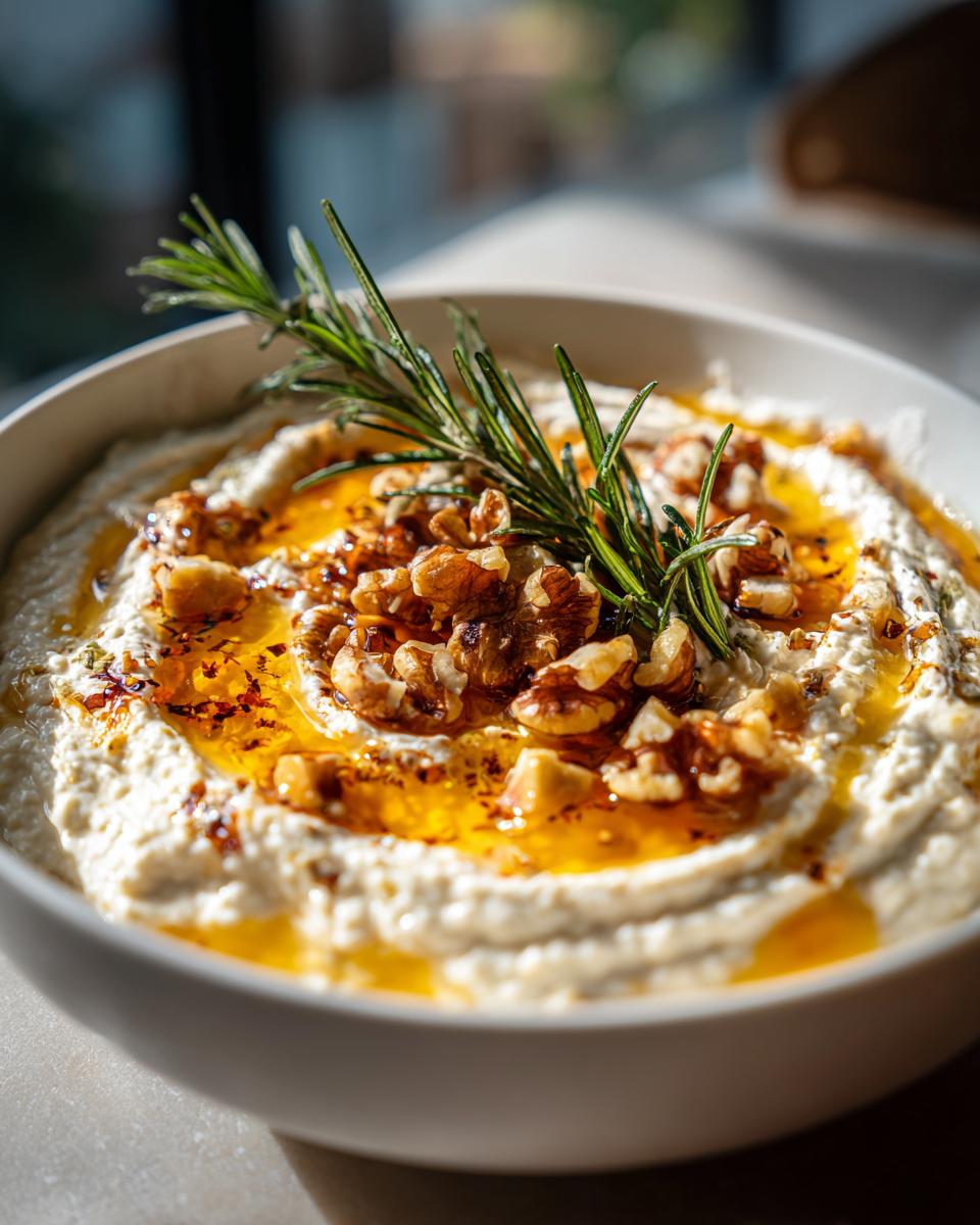 Close-up of a creamy whipped ricotta dip topped with walnuts, olive oil, and a sprig of fresh rosemary.