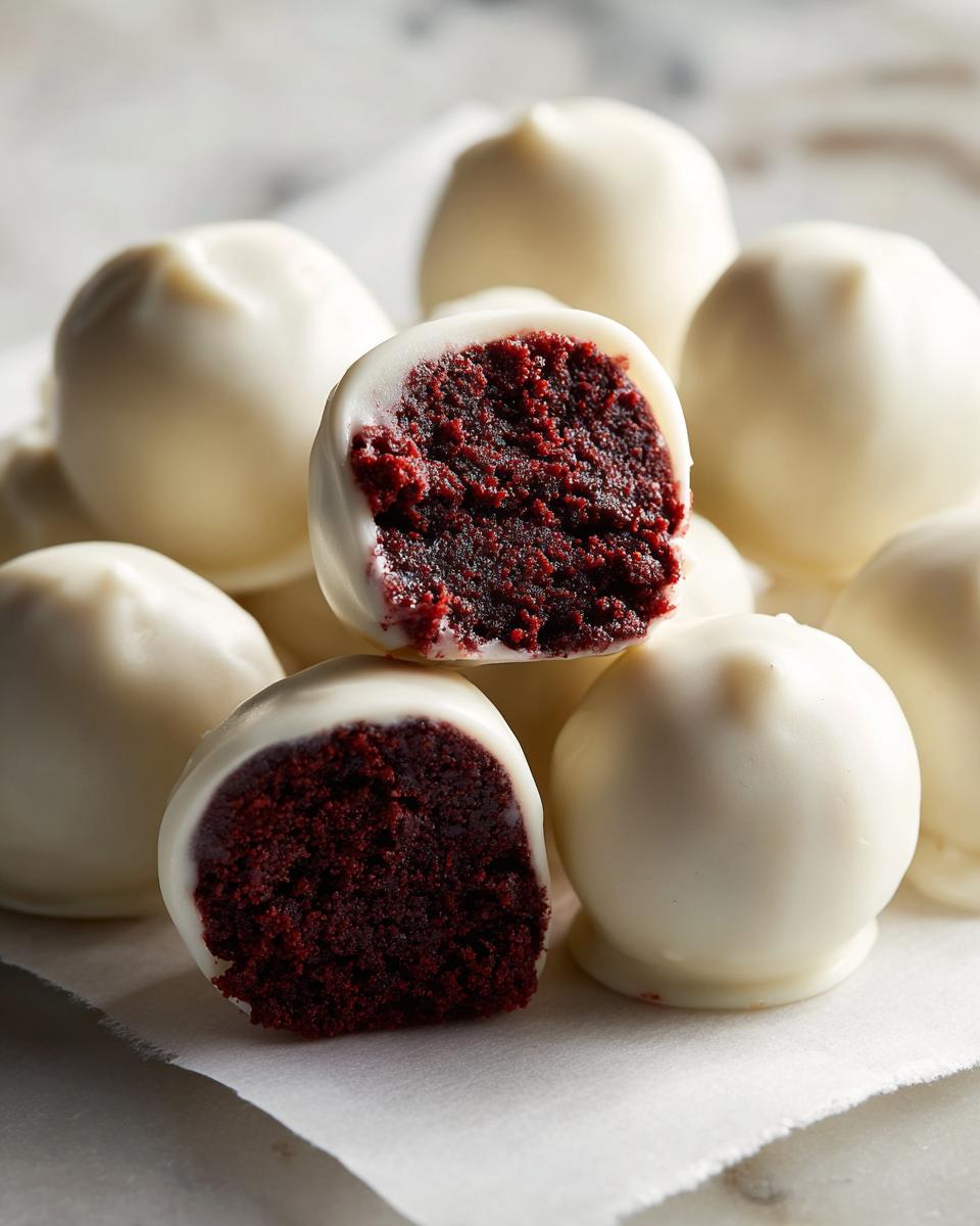 Close-up of several white chocolate-coated red velvet cake balls, one cut in half showing the rich red interior.