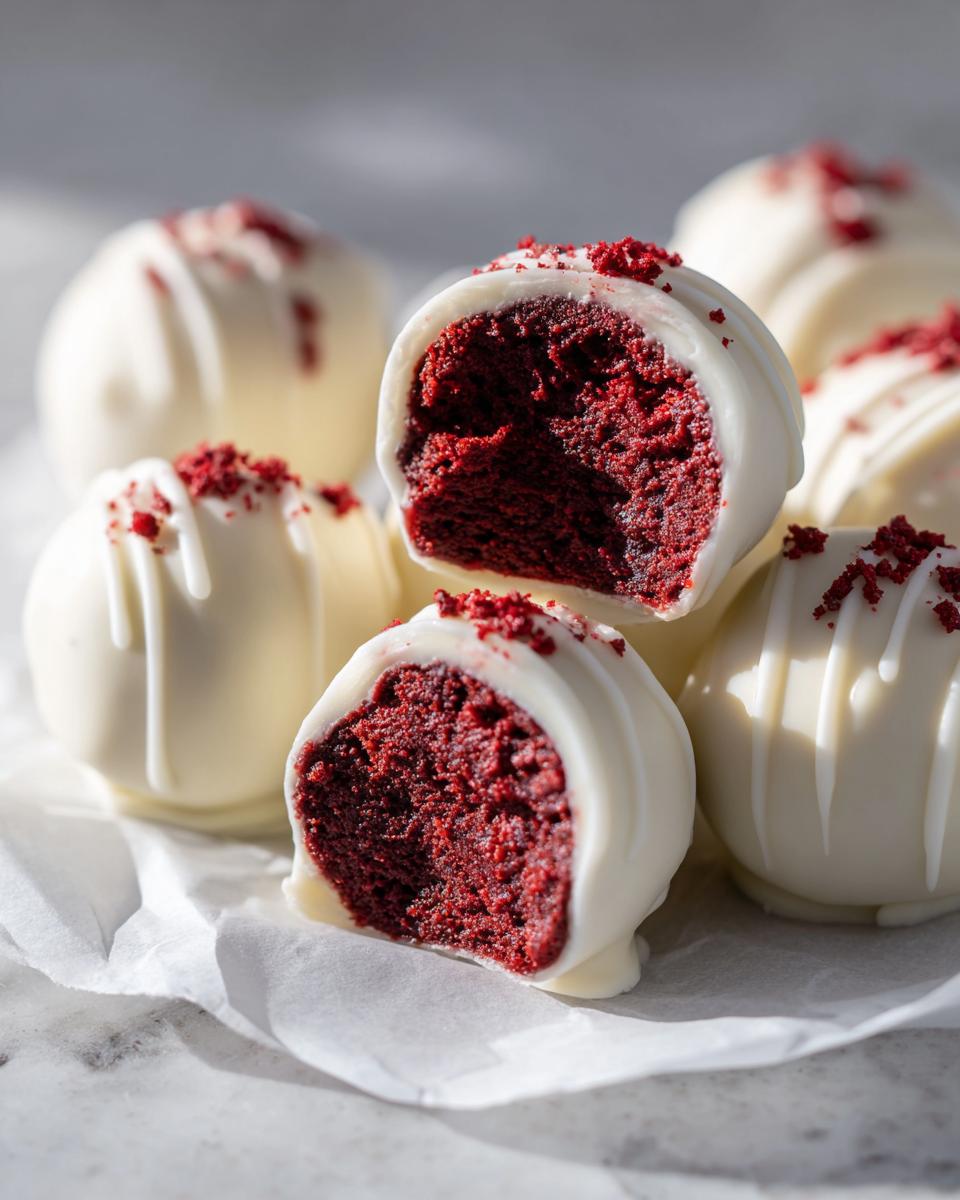 Close-up of white chocolate covered red velvet cake balls, one cut in half showing the rich red interior.