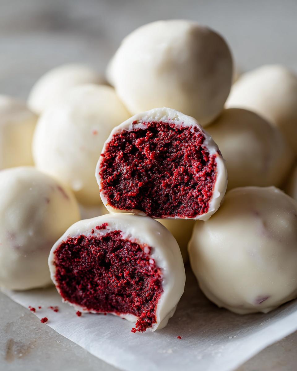 Close-up of white chocolate covered red velvet cake balls, one cut in half showing the vibrant red interior.