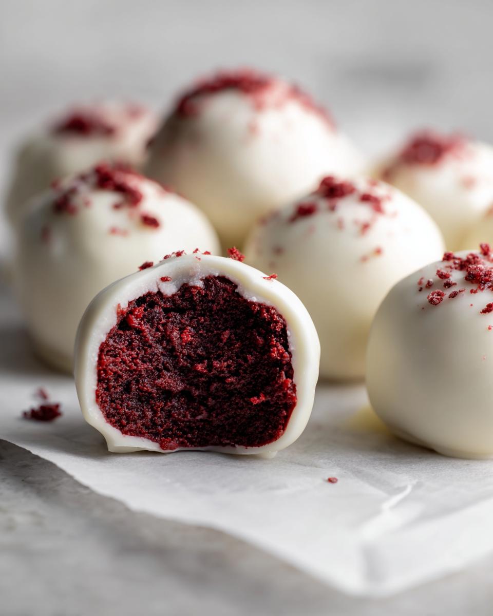 A close-up of a white chocolate-coated red velvet cake balls, one cut in half showing the rich red interior.