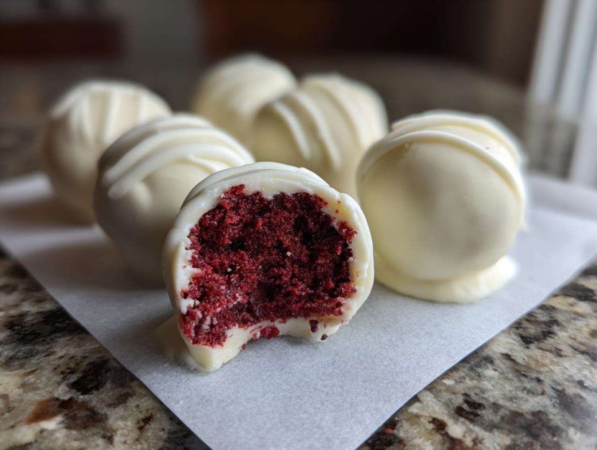 Close-up of a white chocolate dipped red velvet cake balls, one is bitten showing the rich red interior.