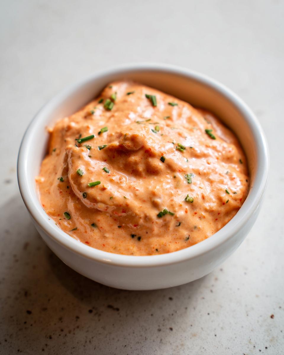 Close-up of a small white bowl filled with thick, orange-hued remoulade sauce, garnished with chopped chives.