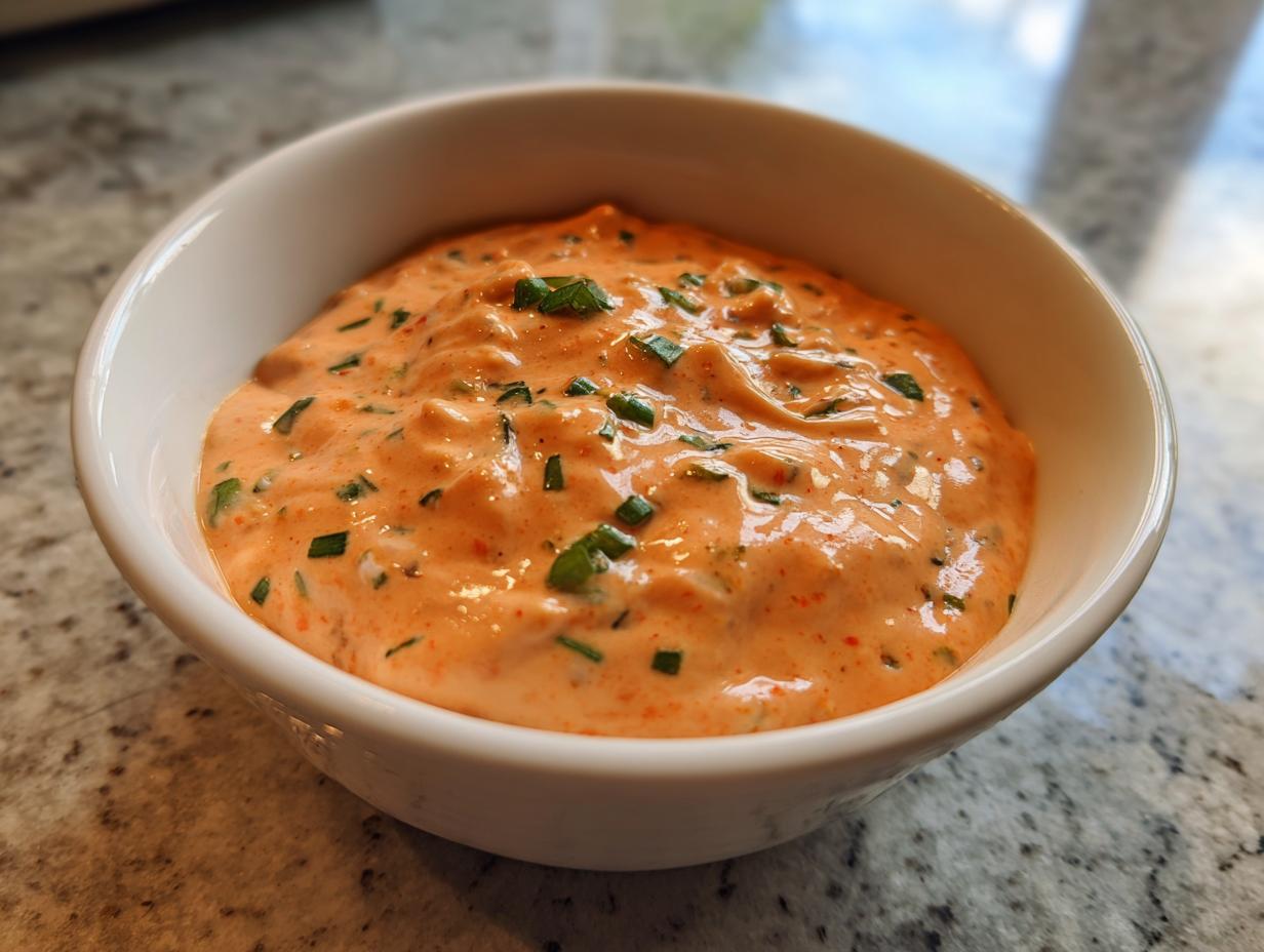 Close-up of a creamy, orange-hued remoulade sauce speckled with green herbs in a small white bowl.