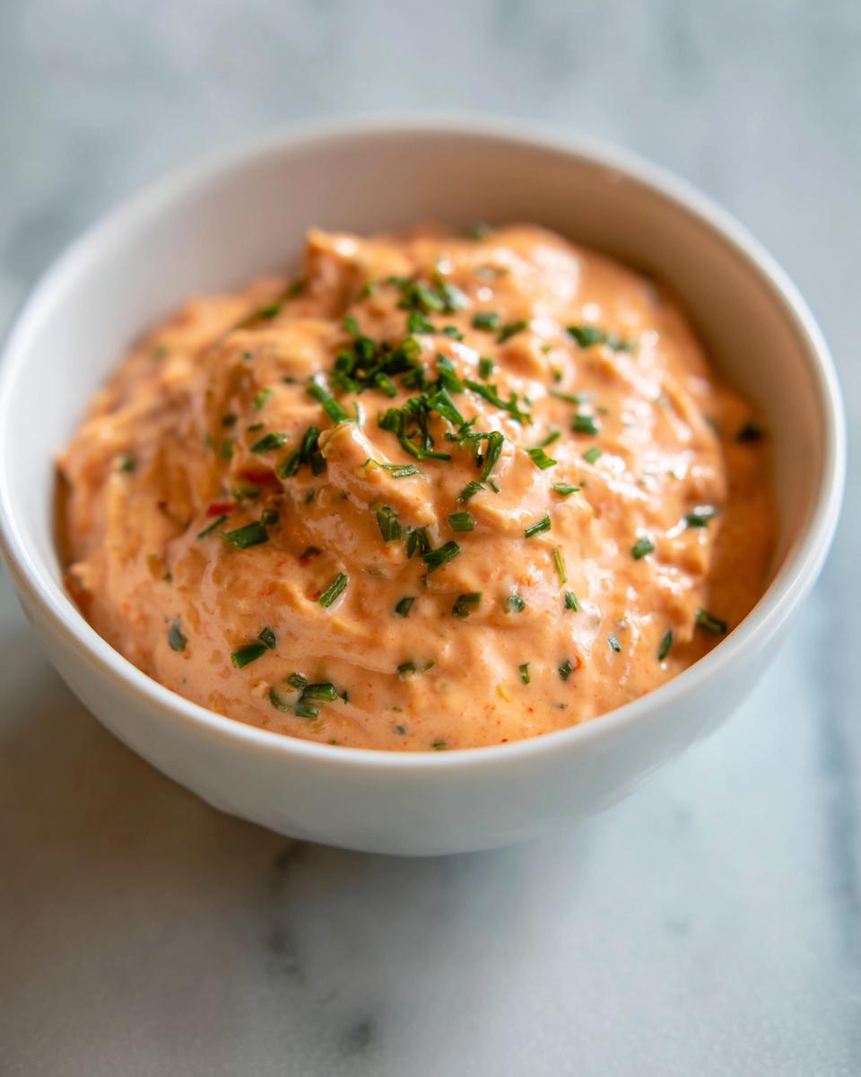 Close-up of a creamy, orange-hued remoulade sauce topped with fresh chopped chives, served in a white bowl.