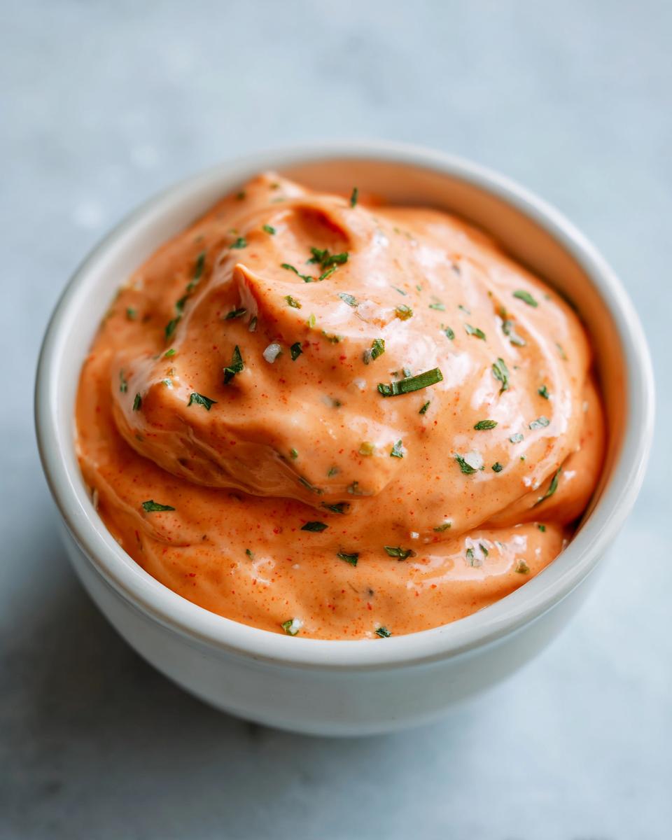A close-up shot of thick, creamy, orange-hued remoulade sauce garnished with green herbs in a small white bowl.