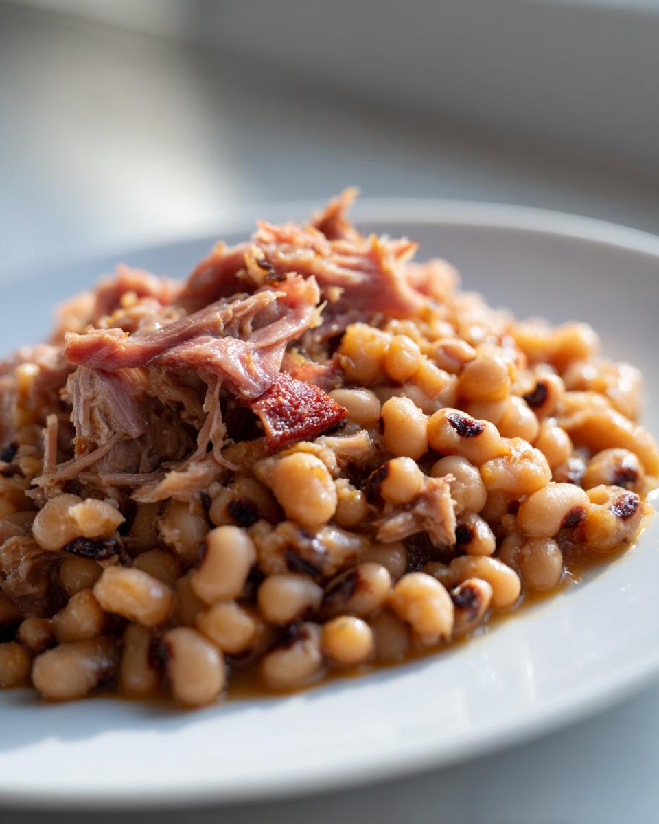 Close-up of a serving of tender black eyed peas topped with shredded smoked ham on a white plate.