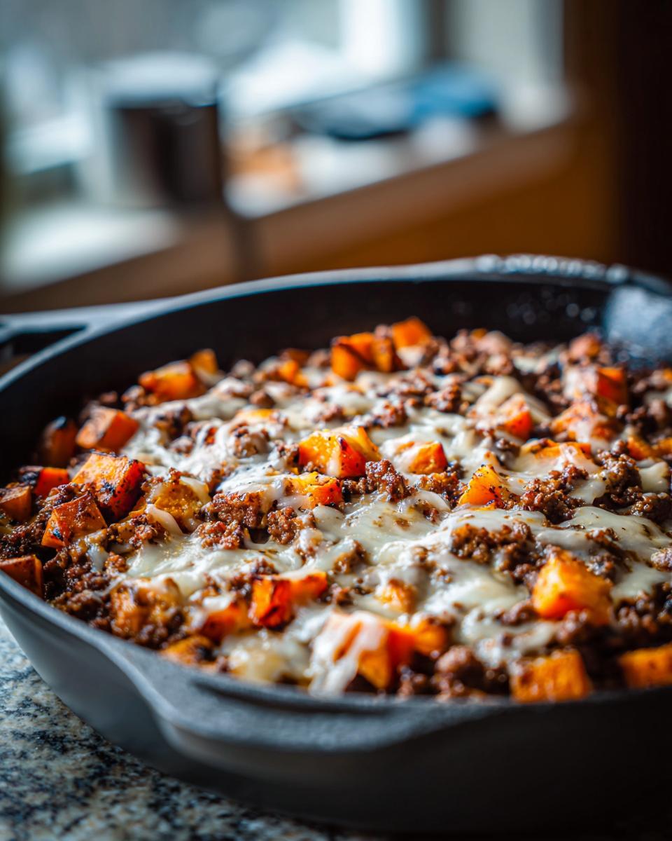 Close-up of a savory sweet potato skillet topped with ground meat and melted white cheese.
