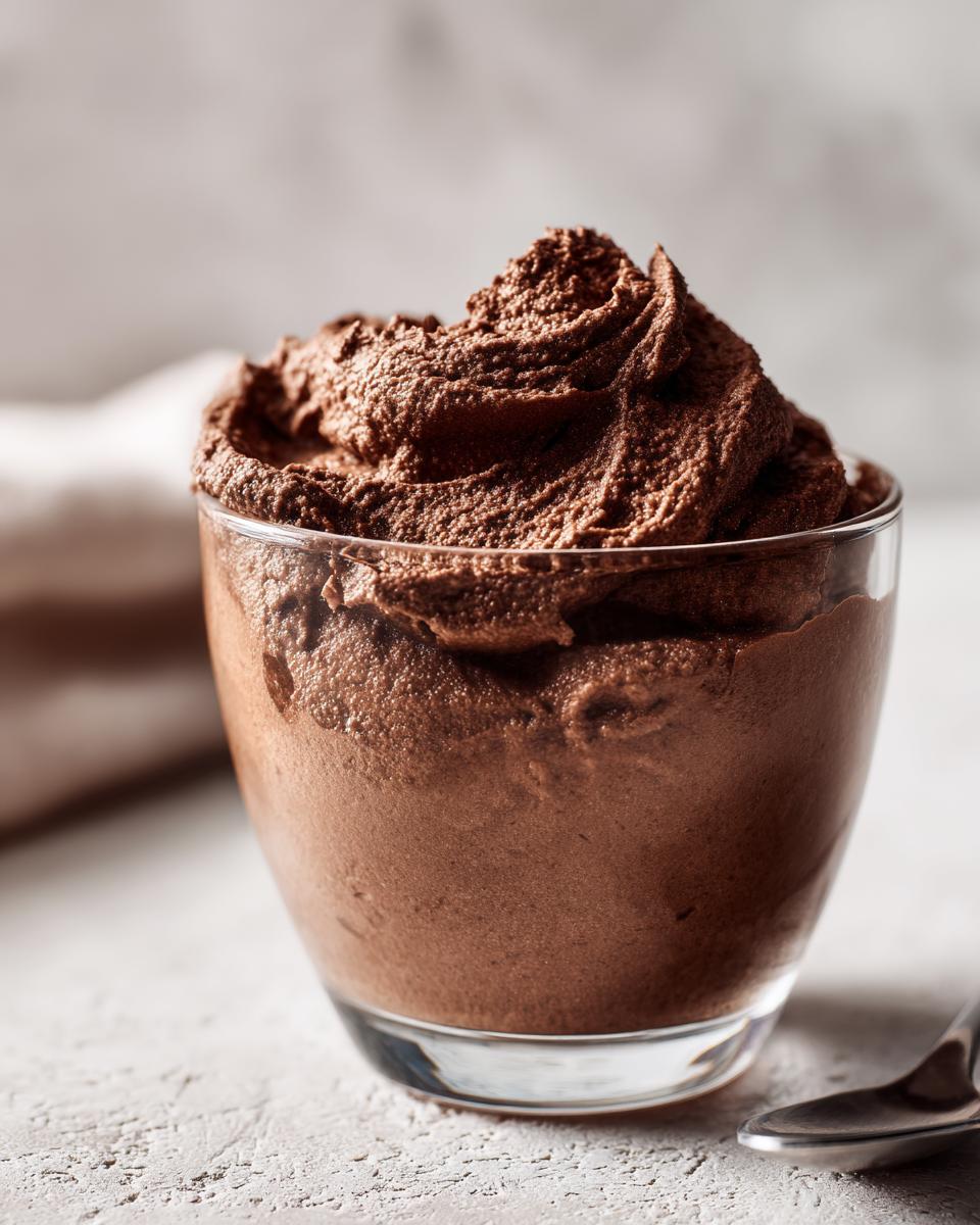 A close-up of rich, dark chocolate mousse piped high in a clear glass, ready to eat.