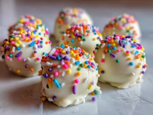 A close-up of several white chocolate-coated sugar cookie truffles decorated with bright, colorful sprinkles.