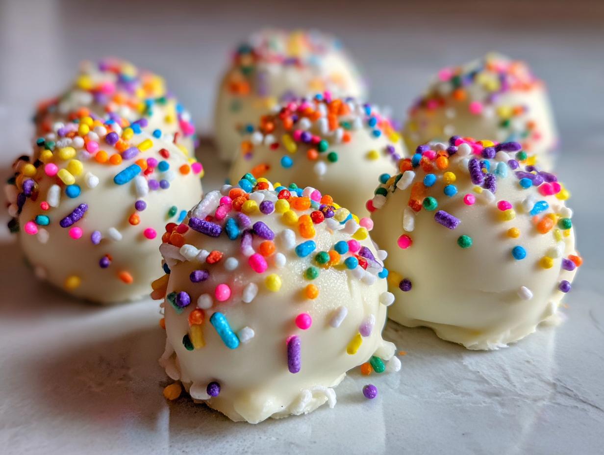 A close-up of several white chocolate-coated sugar cookie truffles decorated with bright, colorful sprinkles.